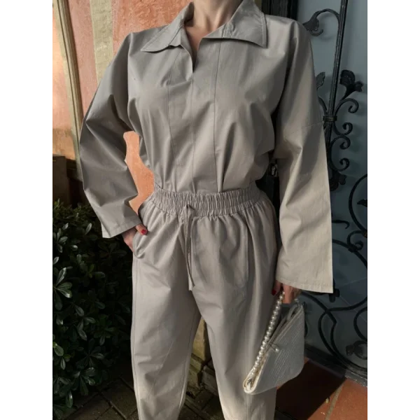 Uzun Kollu Yakalı Gömlek Pantalon Takım- Gri