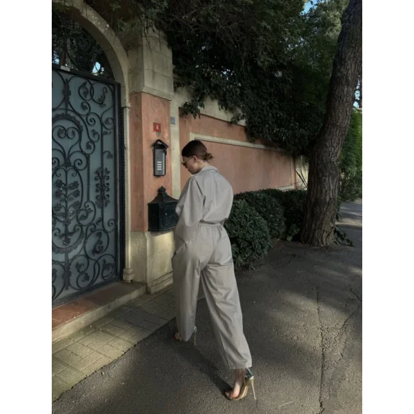 Uzun Kollu Yakalı Gömlek Pantalon Takım- Gri