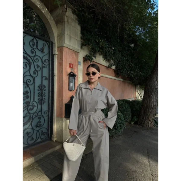 Uzun Kollu Yakalı Gömlek Pantalon Takım- Gri