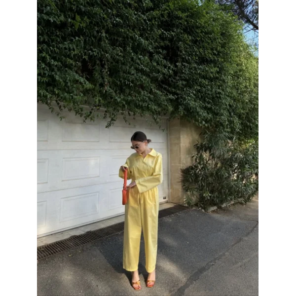 Uzun Kollu Yakalı Gömlek Pantalon Takım- Sarı