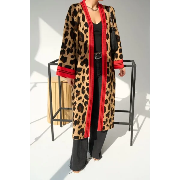 Uzun Leopar Hırka - Camel-Kırmızı