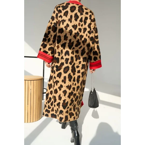 Uzun Leopar Hırka - Camel-Kırmızı