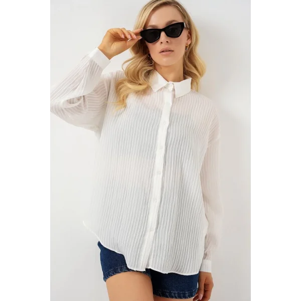Uzun Oversize Gömlek 20320 - Beyaz