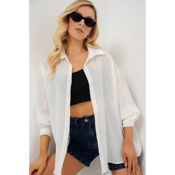 Uzun Oversize Gömlek 20320 - Beyaz