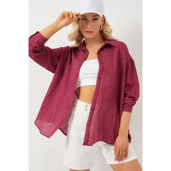 Uzun Oversize Gömlek 20320 - Bordo
