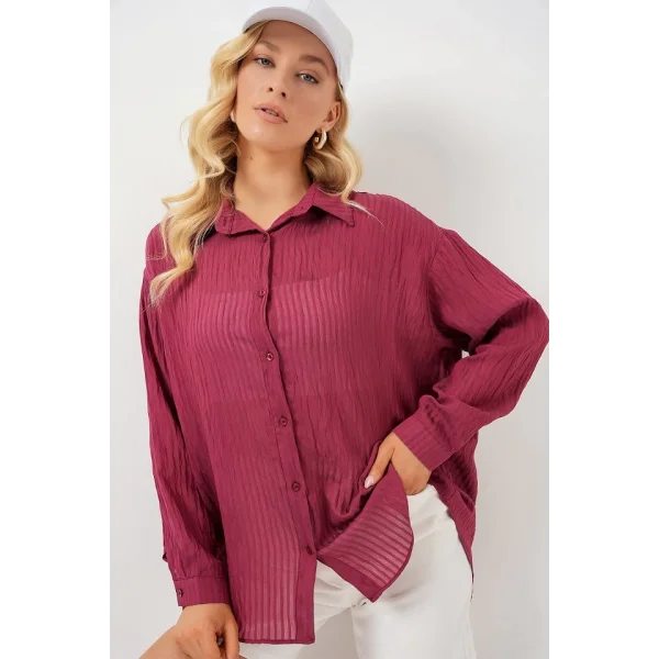 Uzun Oversize Gömlek 20320 - Bordo