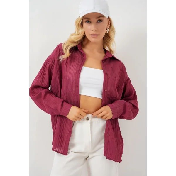 Uzun Oversize Gömlek 20320 - Bordo