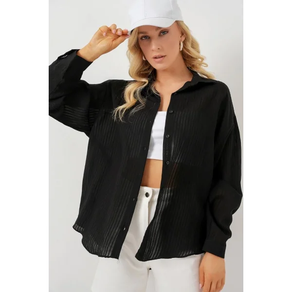 Uzun Oversize Gömlek 20320 - Siyah