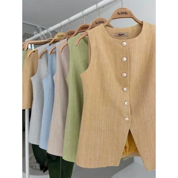 Uzun Yelek Mini Etek Flamlı Keten Takım 10148