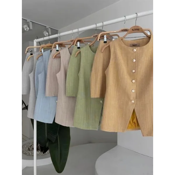 Uzun Yelek Mini Etek Flamlı Keten Takım 10148