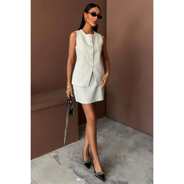 Uzun Yelek Mini Etek Flamlı Keten Takım 10148