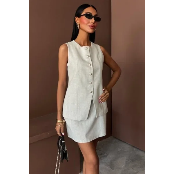 Uzun Yelek Mini Etek Flamlı Keten Takım 10148