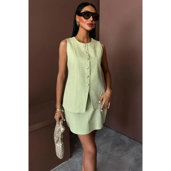 Uzun Yelek Mini Etek Flamlı Keten Takım 10148