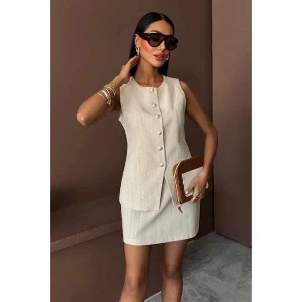 Uzun Yelek Mini Etek Flamlı Keten Takım 10148