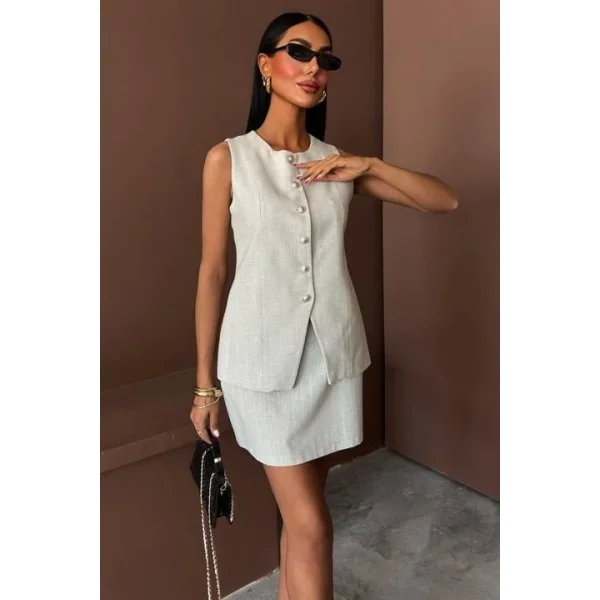 Uzun Yelek Mini Etek Flamlı Keten Takım 10148