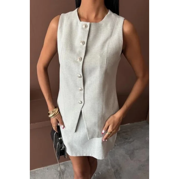 Uzun Yelek Mini Etek Flamlı Keten Takım 10148