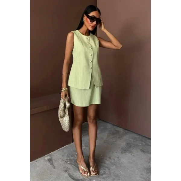 Uzun Yelek Mini Etek Flamlı Keten Takım 10148