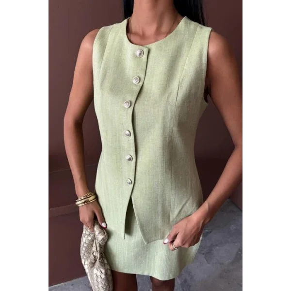 Uzun Yelek Mini Etek Flamlı Keten Takım 10148