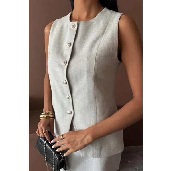 Uzun Yelek Mini Etek Flamlı Keten Takım 10148