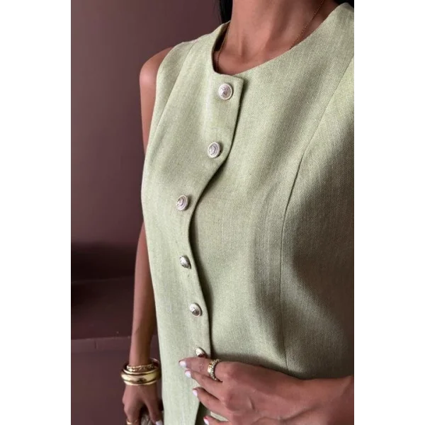 Uzun Yelek Mini Etek Flamlı Keten Takım 10148