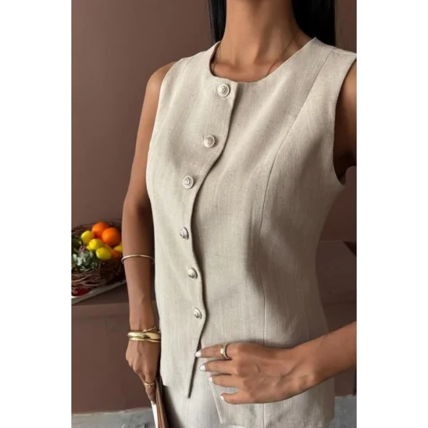 Uzun Yelek Mini Etek Flamlı Keten Takım 10148