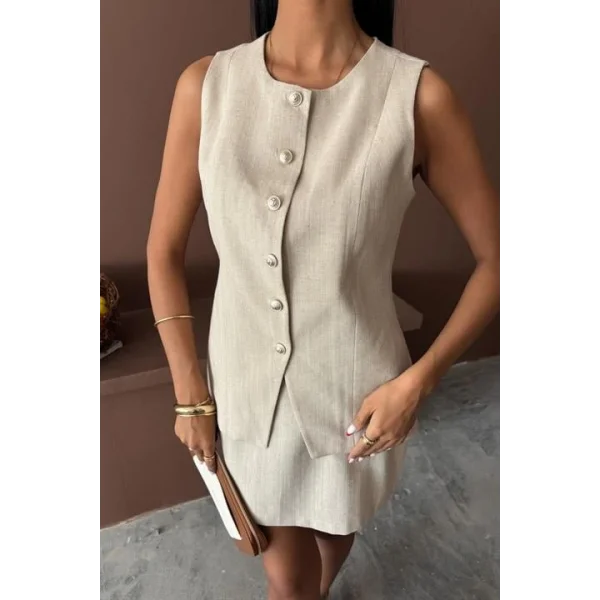 Uzun Yelek Mini Etek Flamlı Keten Takım 10148