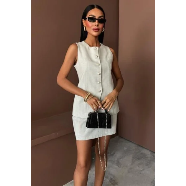 Uzun Yelek Mini Etek Flamlı Keten Takım 10148