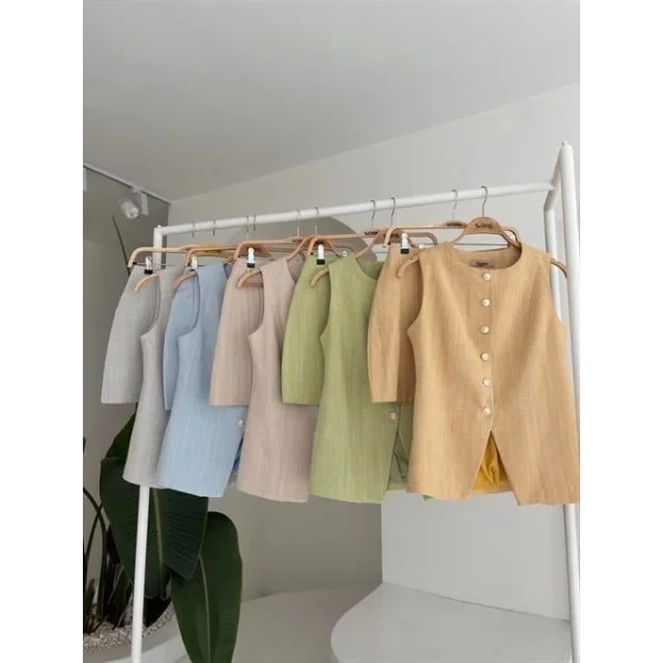 Uzun Yelek Mini Etek Flamlı Keten Takım 10148