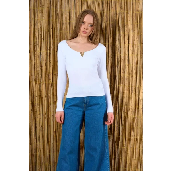 V Aksesuarlı Fitilli Body  Beyaz