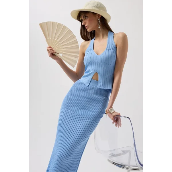 V Detay Dokulu Crop Bluz