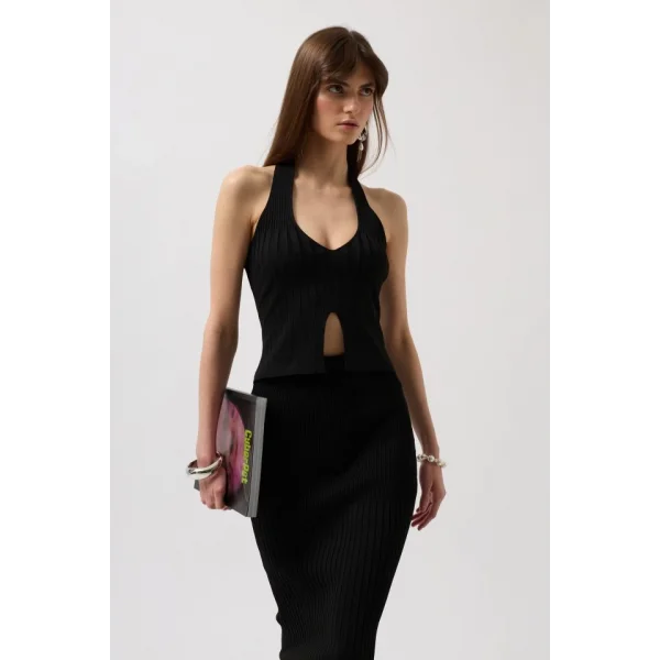 V Detay Dokulu Crop Bluz