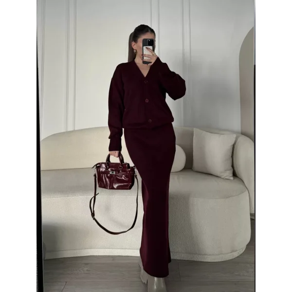 V Yaka 3 Düğmeli Hırka Takım Triko İkili Etekli - Bordo