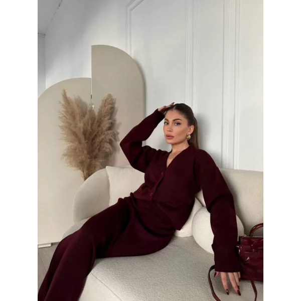 V Yaka 3 Düğmeli Hırka Takım Triko İkili Etekli - Bordo