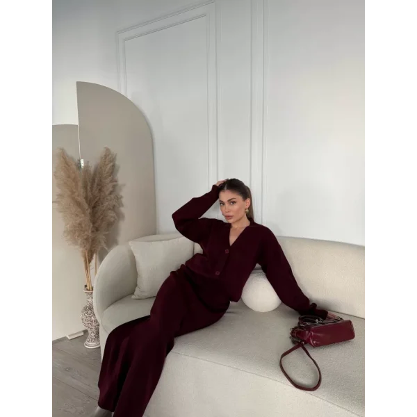 V Yaka 3 Düğmeli Hırka Takım Triko İkili Etekli - Bordo