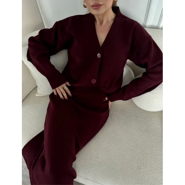 V Yaka 3 Düğmeli Hırka Takım Triko İkili Etekli - Bordo