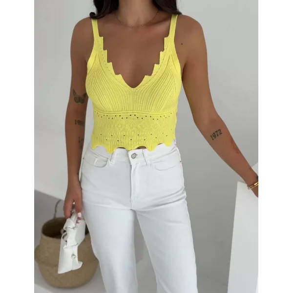 V Yaka Askılı Arkası Açık Triko Crop - Sarı