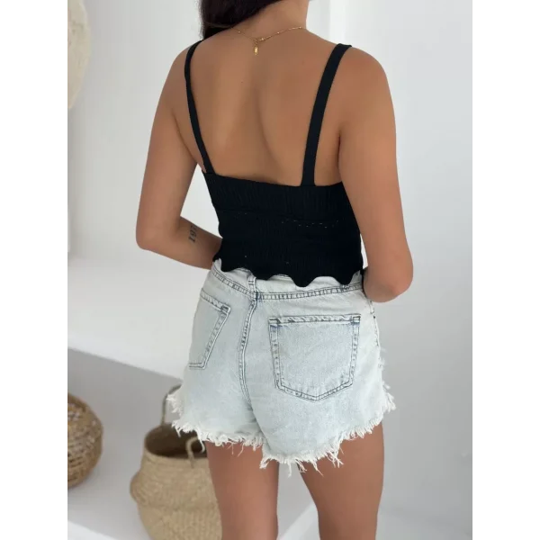 V Yaka Askılı Arkası Açık Triko Crop - Siyah