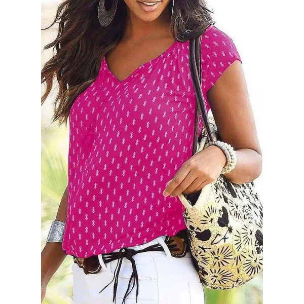 V Yaka Baskılı Mikro Kumaş Bluz