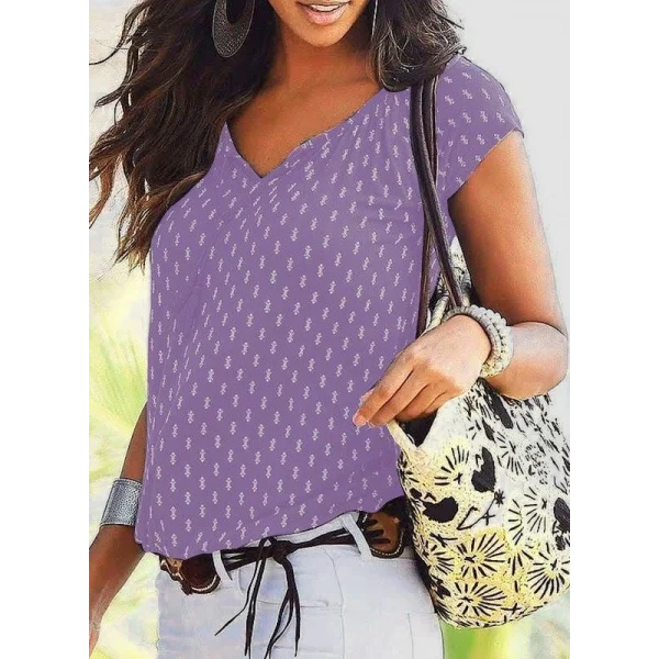 V Yaka Baskılı Mikro Kumaş Bluz