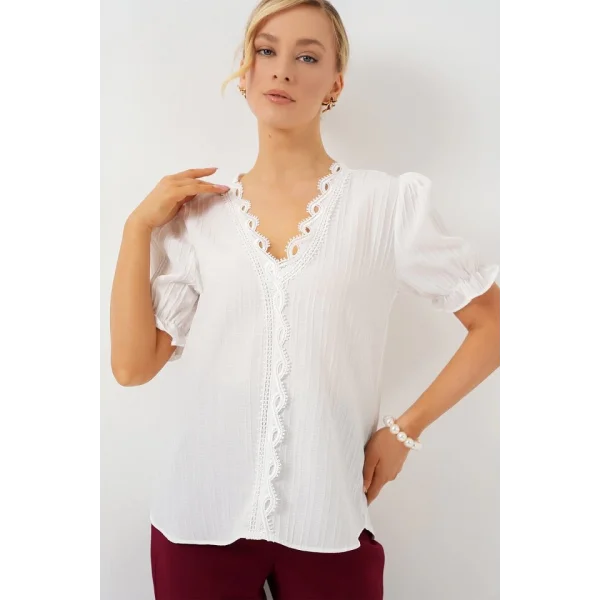 V Yaka Dantelli Bluz 956 - Beyaz