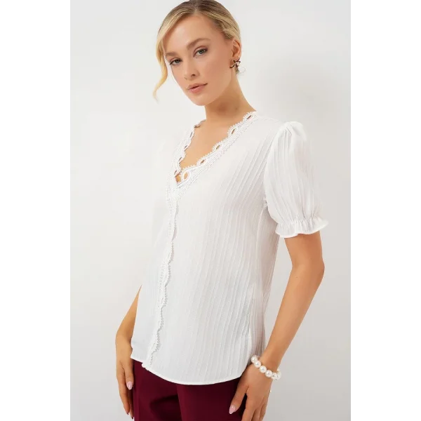 V Yaka Dantelli Bluz 956 - Beyaz