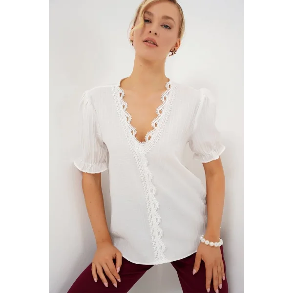 V Yaka Dantelli Bluz 956 - Beyaz