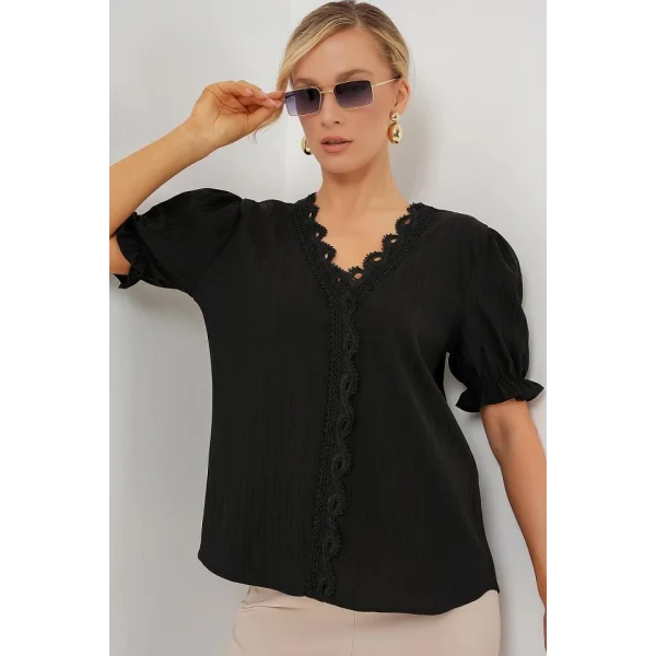 V Yaka Dantelli Bluz 956 - Siyah