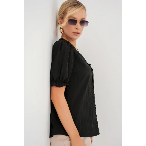 V Yaka Dantelli Bluz 956 - Siyah