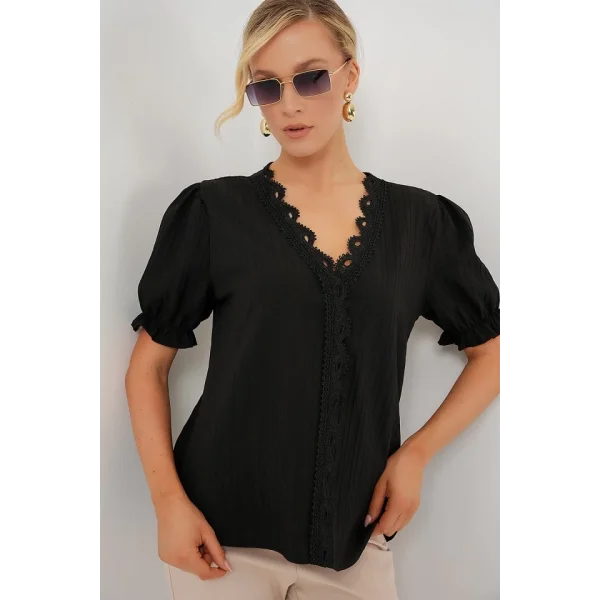 V Yaka Dantelli Bluz 956 - Siyah