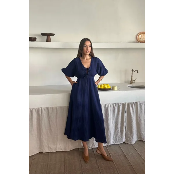 V YAKA DÖKÜMLÜ ELBİSE - Lacivert