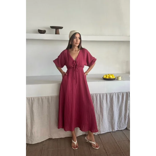 V YAKA DÖKÜMLÜ ELBİSE - Pembe