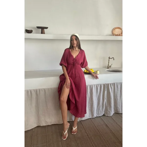 V YAKA DÖKÜMLÜ ELBİSE - Pembe