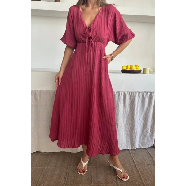 V YAKA DÖKÜMLÜ ELBİSE - Pembe