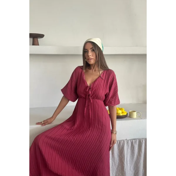 V YAKA DÖKÜMLÜ ELBİSE - Pembe